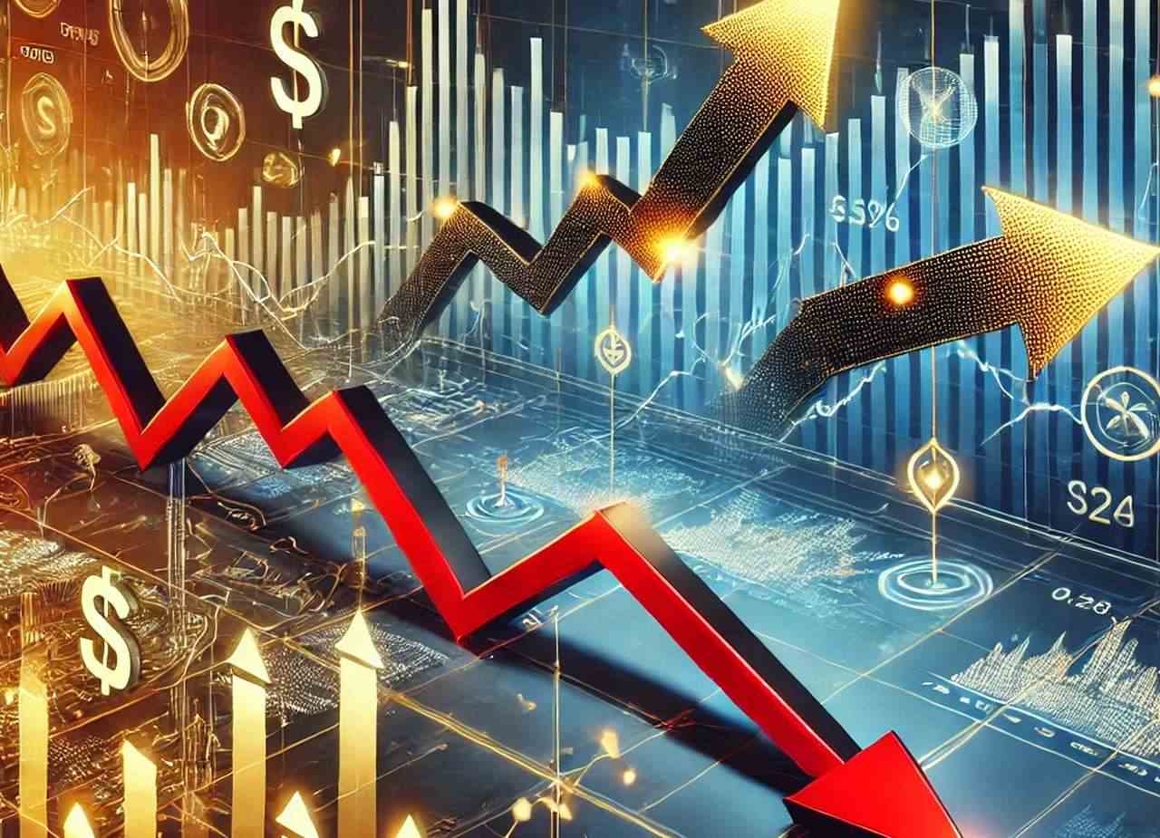 Alcune frecce con dei grafici a candele sullo sfondo