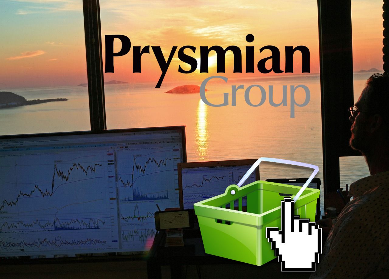 logo di Prysmian e vari schermi di computer