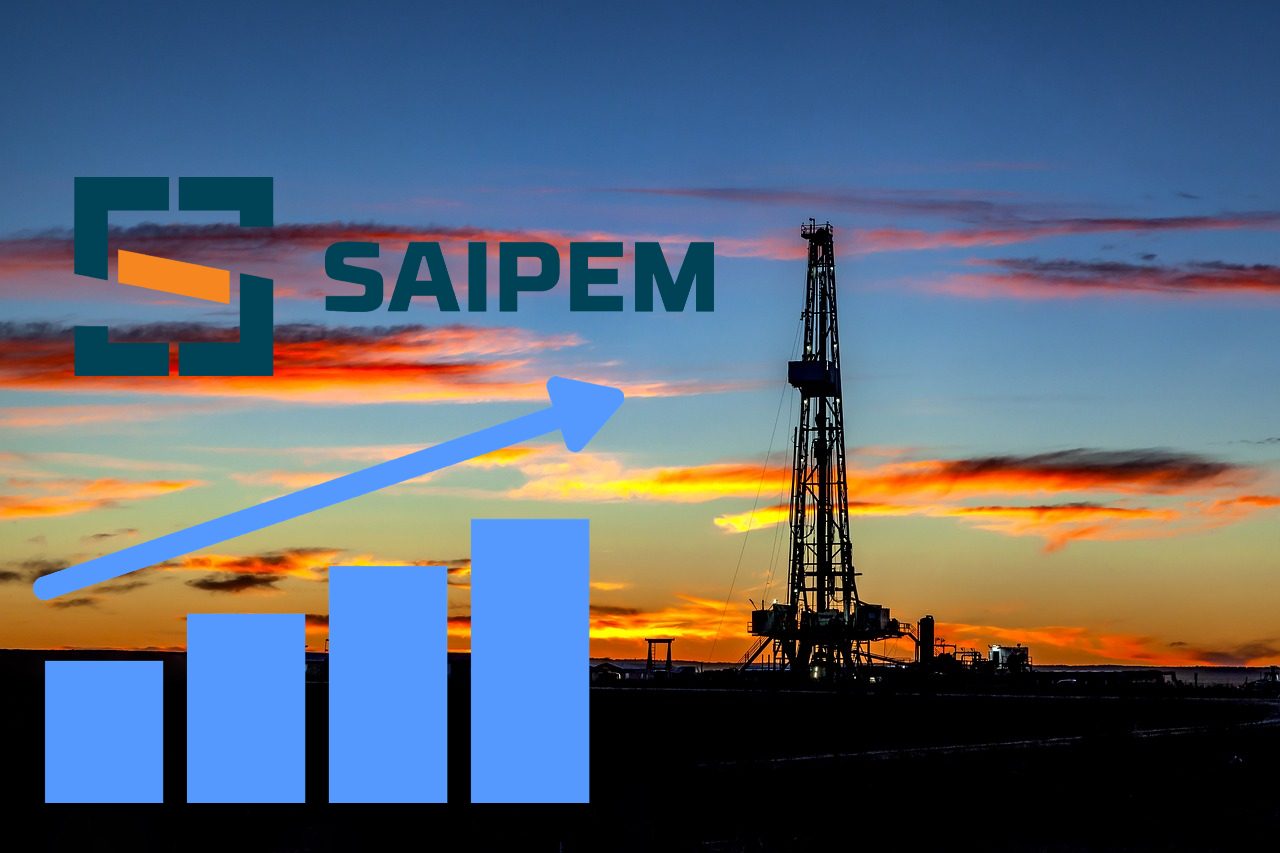 logo di Saipem e piattaforma petrolifera