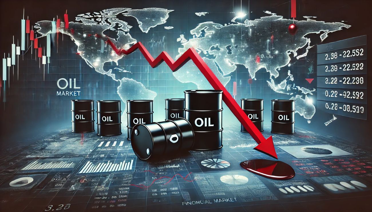 barili di petrolio e grafico al ribasso