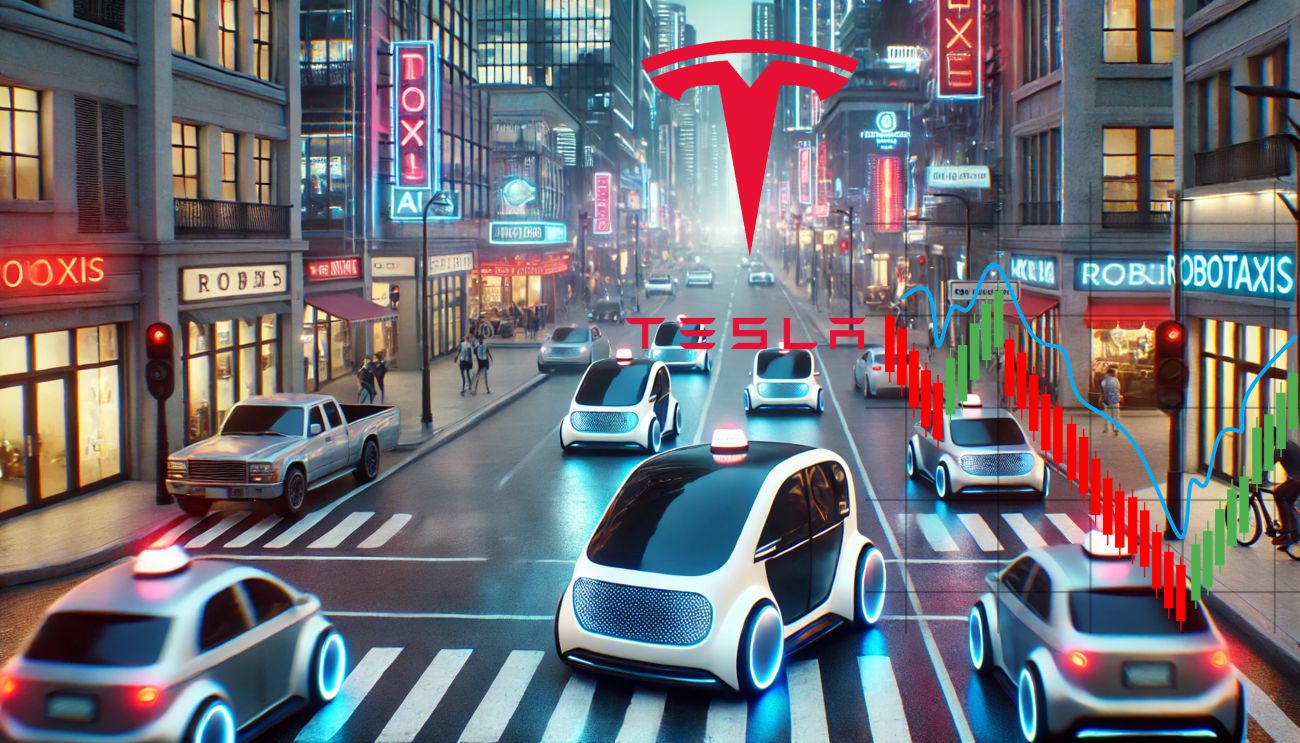 logo di Tesla e robotaxi su strada